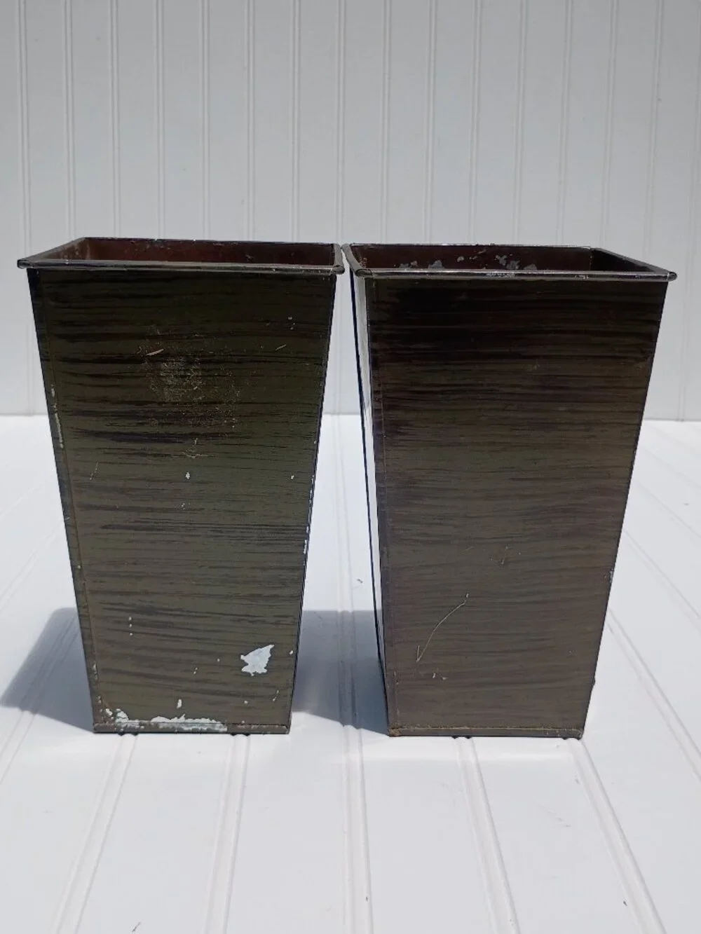 Vintage Metal Vases Planters Set of 2 Rectangular Tapered Industrial Rustic 8.5